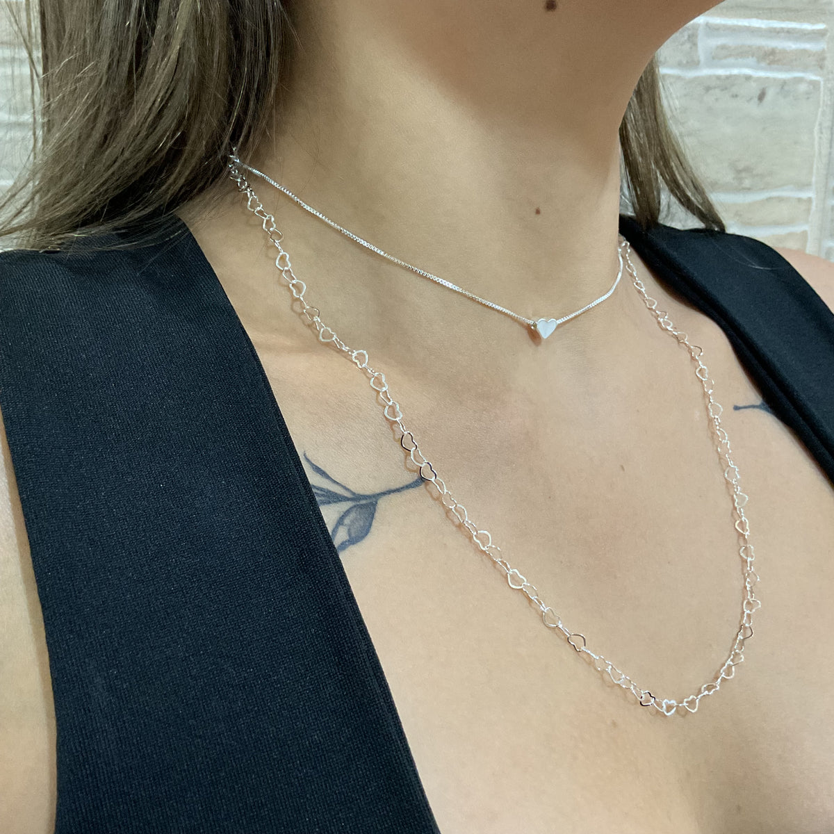 Colar Duplo Coração Chocker (Prata 925)