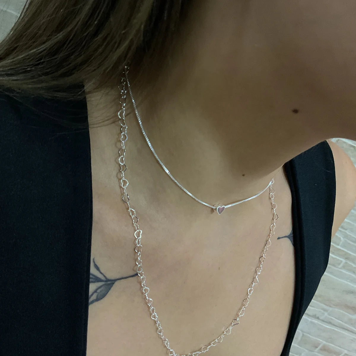Colar Duplo Coração Chocker (Prata 925)