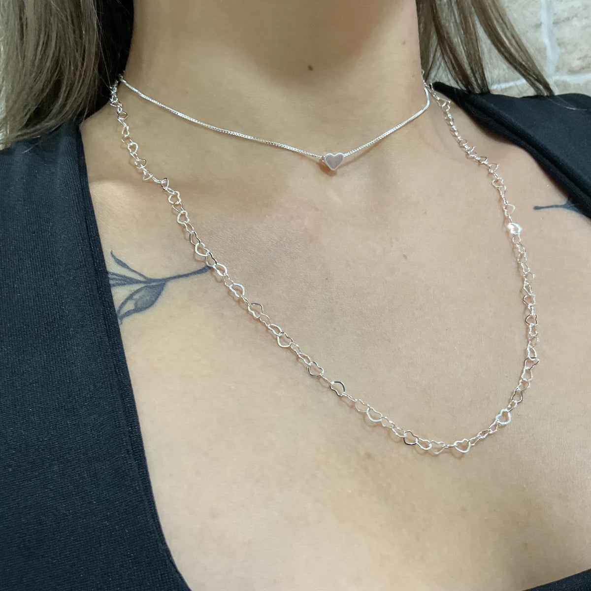 Colar Duplo Coração Chocker (Prata 925)
